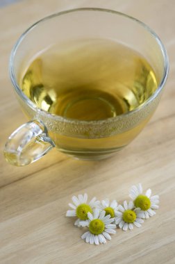 Matricaria chamomilla çiçekler ve ahşap masa, cam kupa bitkisel ilaç çiçekli taze çay fincan trasparent