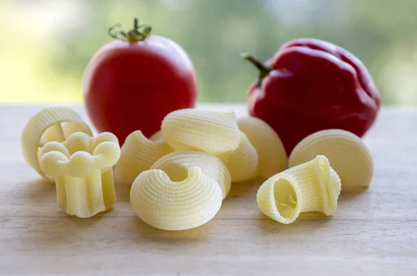 Ripened Habanero Red Red Tomato Various Mix Pasta Wooden Table — Stock Photo, Image