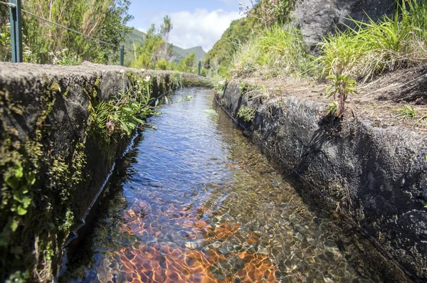Levada Das Fontes Bevattning Detalj Kanalutsikt Turistiska Vandring Trail Madeirahus — Stockfoto
