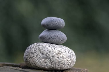 Üç zen taş yığını üzerinde ahşap stump, beyaz ve gri meditasyon çakıl Kulesi