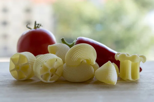 Ripened Red Jalapeno Red Tomato Various Mix Pasta Wooden Table — Stock Photo, Image