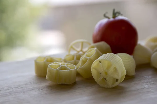 Red Tomato Various Mix Pasta Wooden Table Ready Cooking Italian — Stock Photo, Image