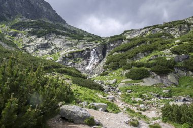 Şelale Skok Yüksek Tatras, Mlynska Dolina, turistik iz ile vahşi Slovakya dağlar vadisinde