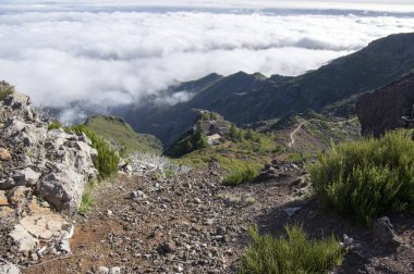 Pico Ruivo yürüyüşü, bulutların üstünde, inanılmaz sihirli manzara, inanılmaz manzaralar, alçak bulutlu güneşli hava, Madeira Adası, Portekiz