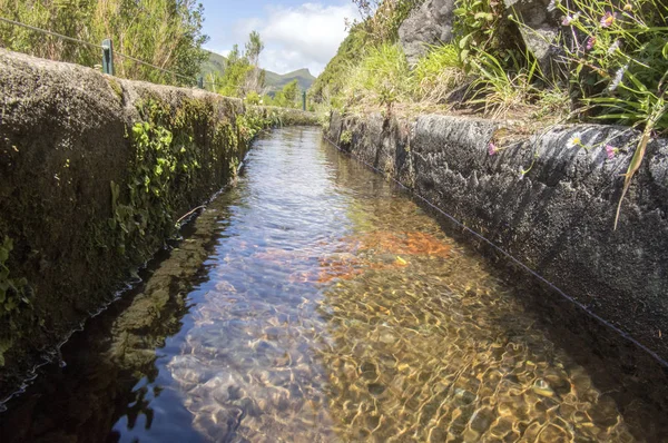 Levada Das Fontes Bevattning Detalj Kanalutsikt Turistiska Vandring Trail Madeirahus — Stockfoto