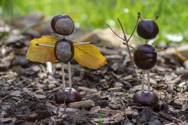 Angel and devil figures made from chestnuts and safety matches and dry leaves in the autumn garden