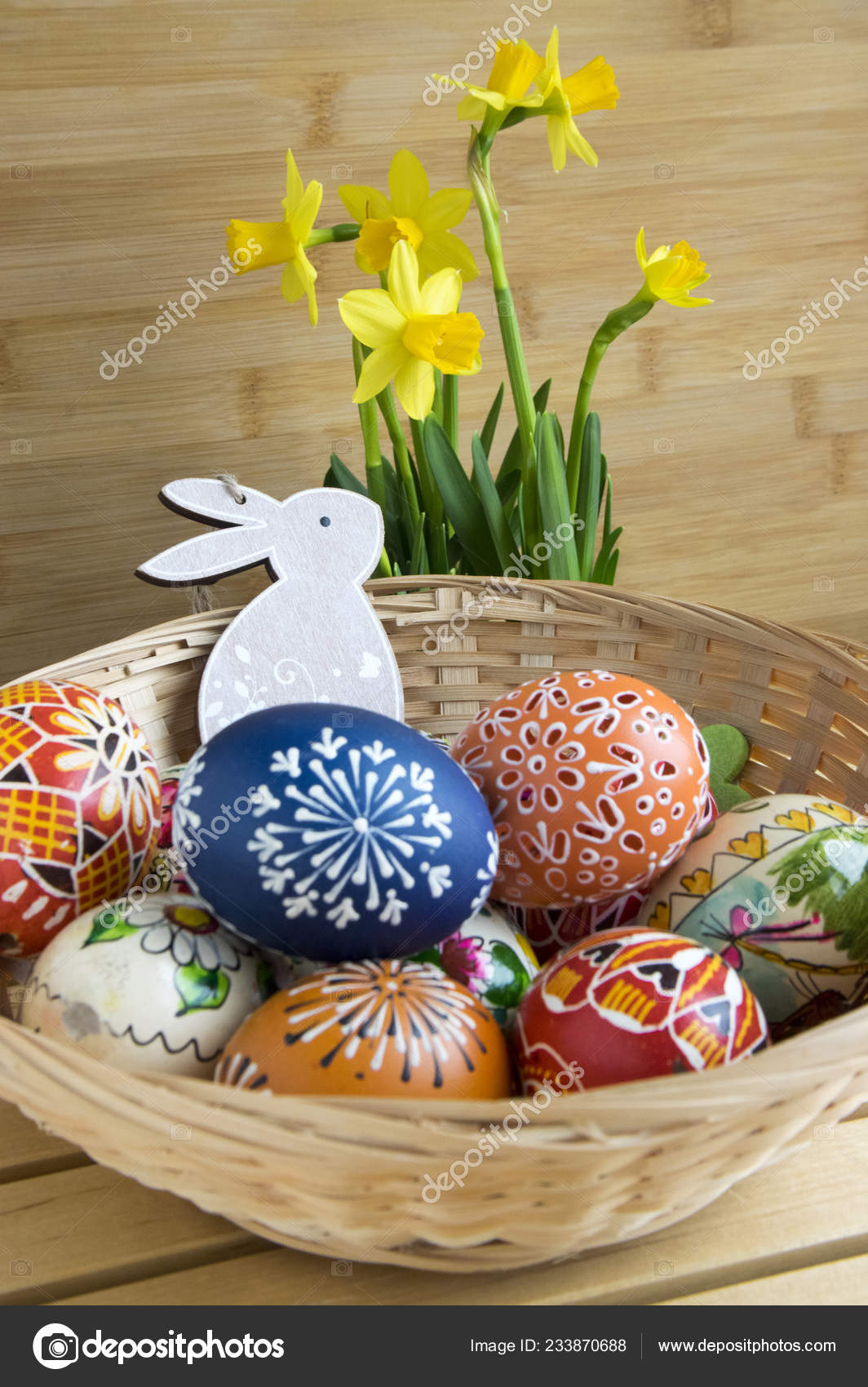 Homemade Handmade Czech Painted Eggs Wooden Bunny Yellow Narcissus