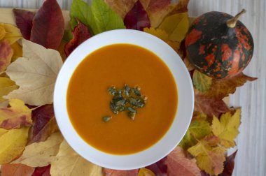 Lezzetli kabak yeşil tohumları beyaz tabakta ve sonbahar renkli servis ile parlak turuncu çorba bırakır, sağlıklı yeme