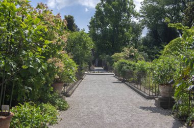 Botanik Bahçesi Padova, açık yol, bitkiler, ağaçlar ve çiçekler güneş ışığı, mavi gökyüzünde güzel tarihi parçası