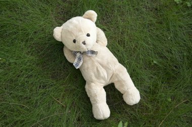 Çift kişilik konforlu çim yalan, rahatlatıcı ve mutlu ruh hali olan ayıcık