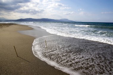 Deniz su, dalgalar, kum ve taşları, beyaz deniz köpüğü, iki bambu Polonyalılar sahile mavi bulutlu gökyüzü sıkışmış
