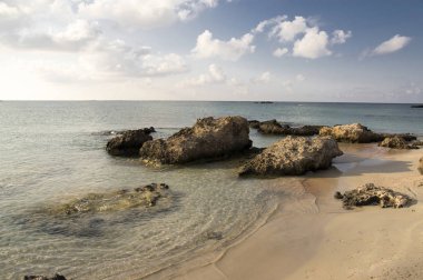 Yaz tatili Elafonisi plajda, güneybatı köşesinde Yunan Adası Crete, korumalı doğa rezerv Natura 2000