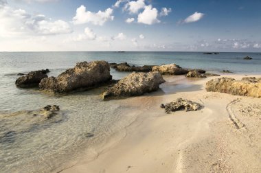 Yaz tatili Elafonisi plajda, güneybatı köşesinde Yunan Adası Crete, korumalı doğa rezerv Natura 2000