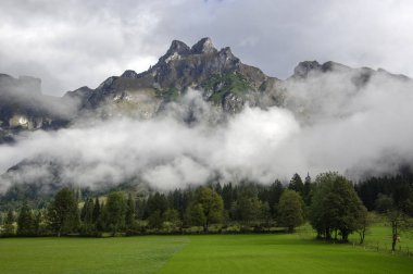 Avusturyalı Verfenveg Köyü Alp Dağları sonbahar sahne sis, çayırlar ve kayalar