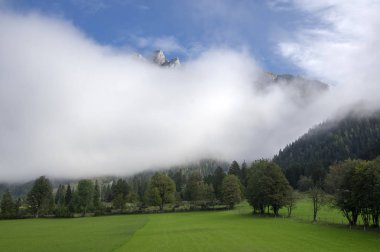 Avusturyalı Verfenveg Köyü Alp Dağları sonbahar sahne sis, çayırlar ve kayalar