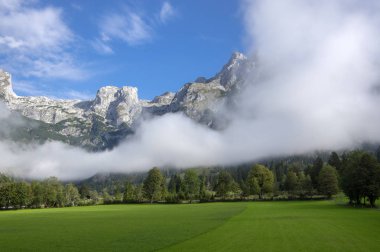 Avusturyalı Verfenveg Köyü Alp Dağları sonbahar sahne sis, çayırlar ve kayalar