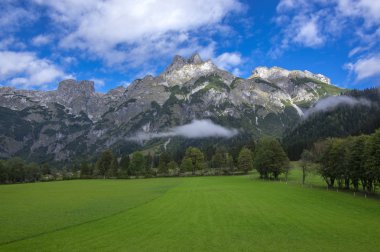 Avusturyalı Verfenveg Köyü Alp Dağları sonbahar sahne sis, çayırlar ve kayalar