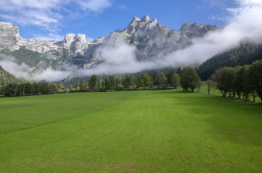 Avusturyalı Verfenveg Köyü Alp Dağları sonbahar sahne sis, çayırlar ve kayalar