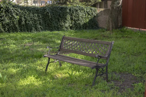 Romantische Ecke im wilden Garten, schönes Frühsommergrün, dichtes Gras, wilder grüner Rasen im Sonnenlicht — Stockfoto