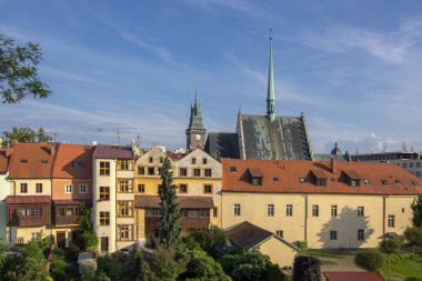 Pardubice / CZECH REPUBLIC - June 1, 2019: View of historic place called Pardubice Nuremberg, with church tower and Green gate clipart