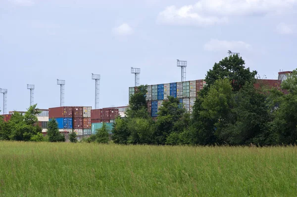 Pardubice / CZECH REPUBLIC - June 23, 2019: Logistic center on green meadow looks like big colorful building kit — Stock Photo, Image