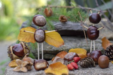 Bahçede kestane ve güvenlik kibritleri ve kuru yapraklardan yapılan melek ve şeytan figürleri