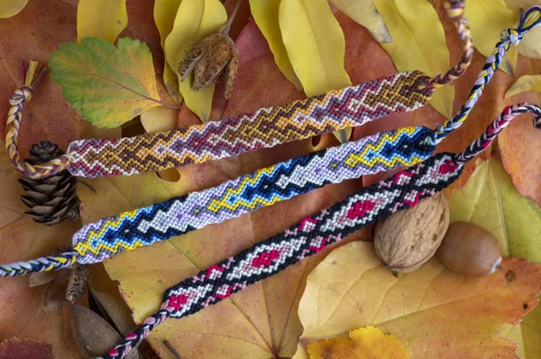 Bodegón de otoño, grupo de pulseras tejidas naturales coloridas hechas a mano de la amistad en hojas secas del color — Foto de Stock