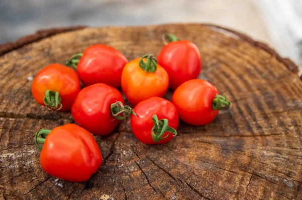 Bir grup olgun kırmızı çiğ çilek domates yeşil arka planda tahta üzerinde Solanum lycopersicum, gün ışığında lezzetli sağlıklı sebzeler.