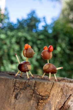 Kahverengi meşe palamudu, kestane, manolya ruh tohumları ve güvenlik kibritlerinden yapılmış organik hayvanlar.
