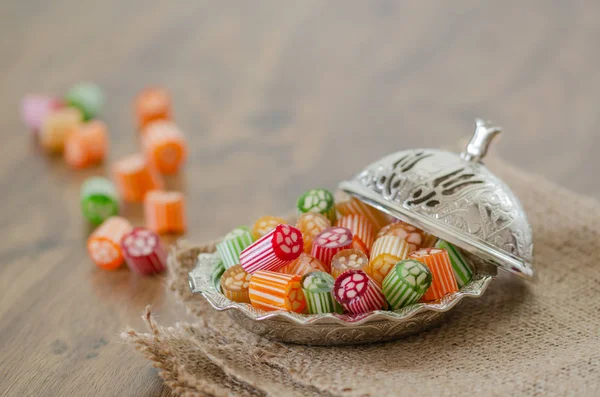 Colorful hard candies on the table.Close-up feast candy