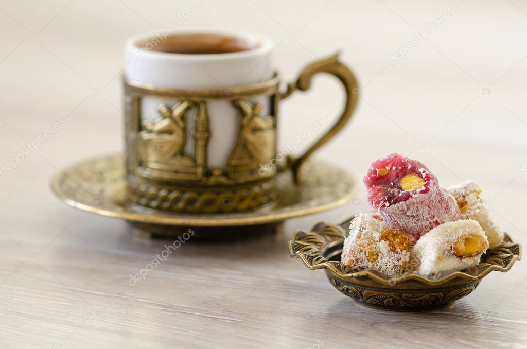 Oriental/Turkish coffee served in copper-plated pot with Turkish delight