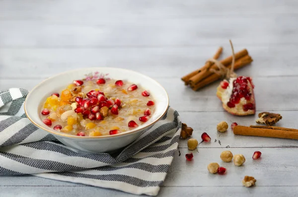 Traditional Turkish Dessert Asure Ashure Boiled Cereals Dried Fruits Pomegranate — Stock Photo, Image