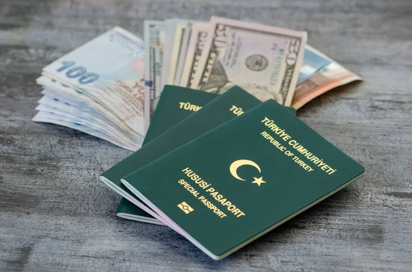 Türk yeşil özel Pasaportlar ve doları, Lirası, euro banknot.