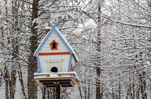 Casa Uccelli Legno Appesa All Aperto Inverno Coperta Neve — Foto Stock