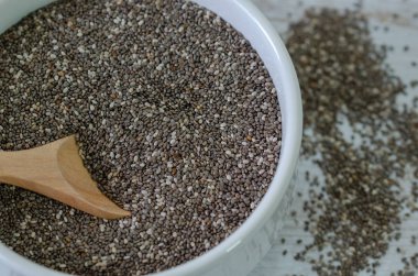 Healthy Chia seeds  in a white bowl on the table close-up.