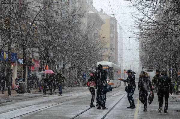 Eskisehir Turkey January 2019 Snowfall City Люди Ходят Улице Зимой — стоковое фото