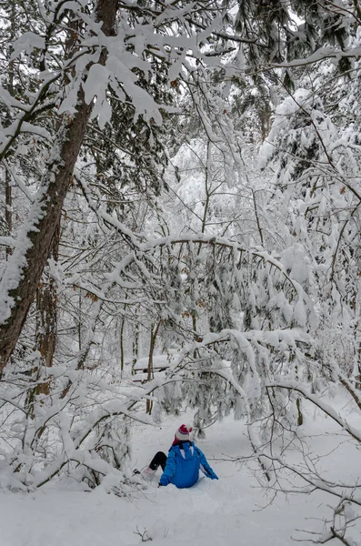 Harika kış manzarası. Ağaçlar karla kaplı. Genç kız beetween ağaçlara oturuyor.