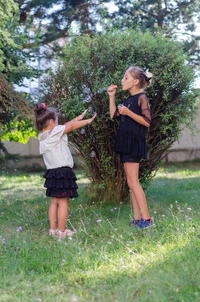 Duas irmãs estão brincando com bolhas de sabão — Fotografia de Stock
