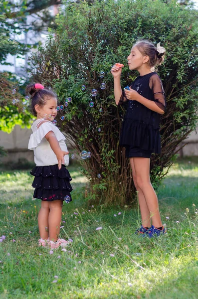 Two sisters are playing with soap bubbles — Stock Photo, Image