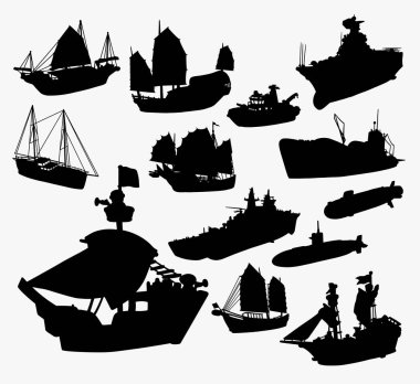 gemi, tekne ve denizaltı ulaşım siluet. Sembol, logo, web simgesi, maskot, oyun öğeleri, maskot, işaret, etiket tasarım veya istediğiniz herhangi bir tasarım için iyi kullanın. Kullanımı kolay. 