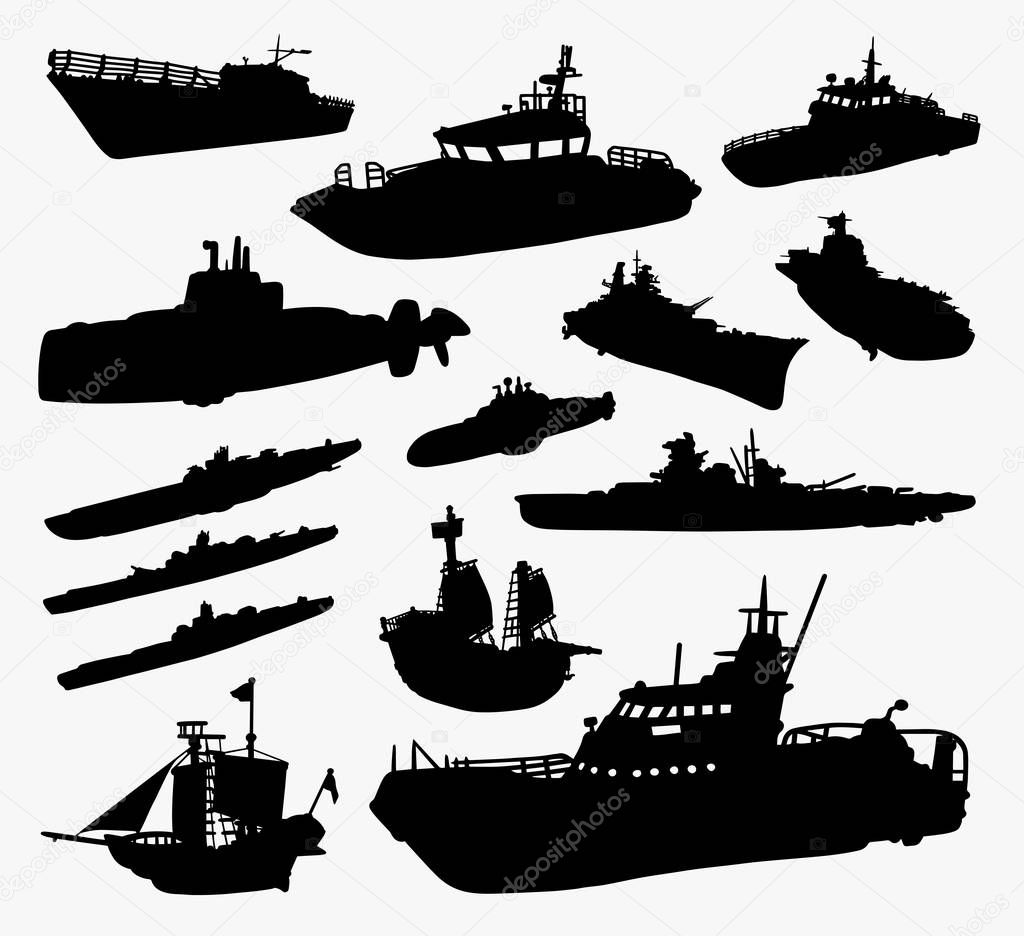 Ship, boat, and submarine silhouette. Good use for symbol, logo, web icon, mascot, sign, sticker, or any design you want. 