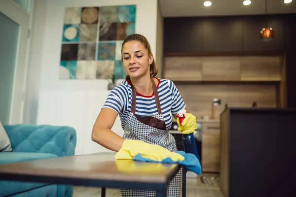 Beautiful girl wearing apron and gloves while wiping dust from table.