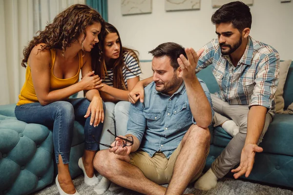 Group Disappointed Caucasian Football Fans Watching Football Game Couch — Stock Photo, Image