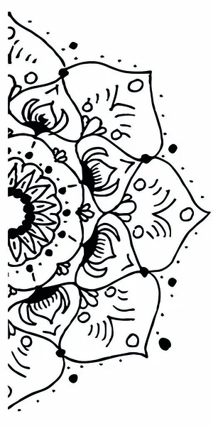Vector illustration with mandala. quarter circle, repeating pattern with tops. Black drawing on white background