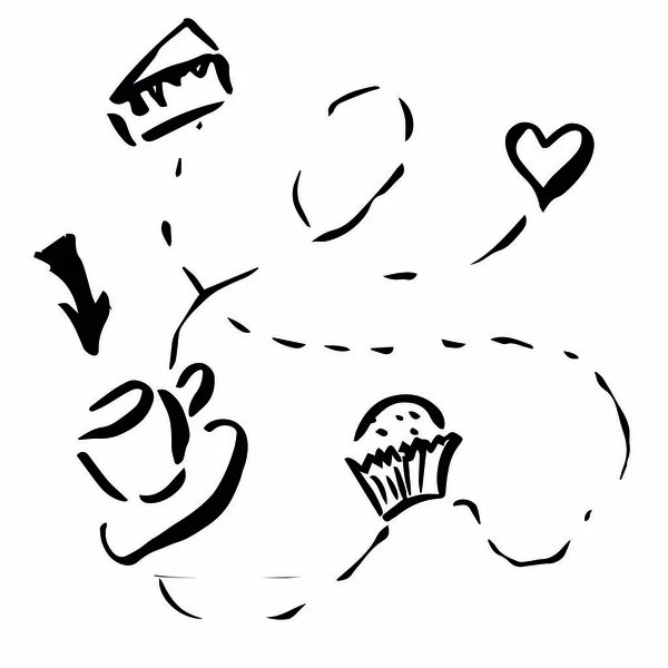 Vektoros illusztráció, vázlat a kávé, sütemény, Cupcake, csésze és szív — Stock Vector
