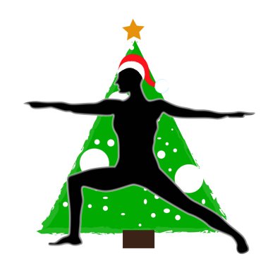Christmas new year yoga asana on the background of the Christmas tree in the Santa Claus hat clipart