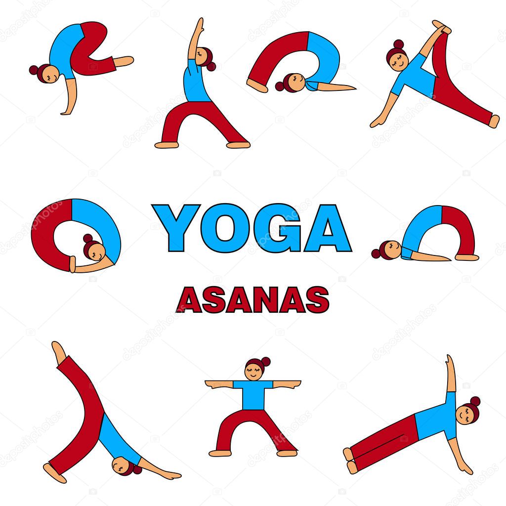 Yoga asanas icons illustration. 9 different poses. simple figure