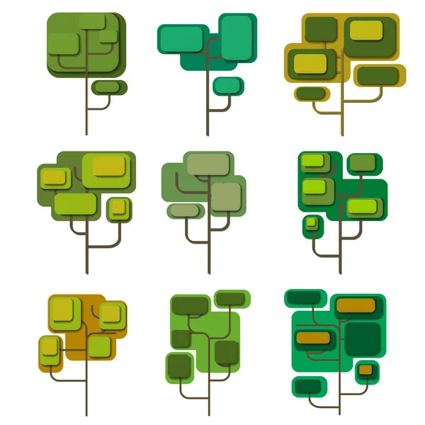 Conjunto de vectores de dibujos animados árboles verdes en papel cortado — Vector de stock