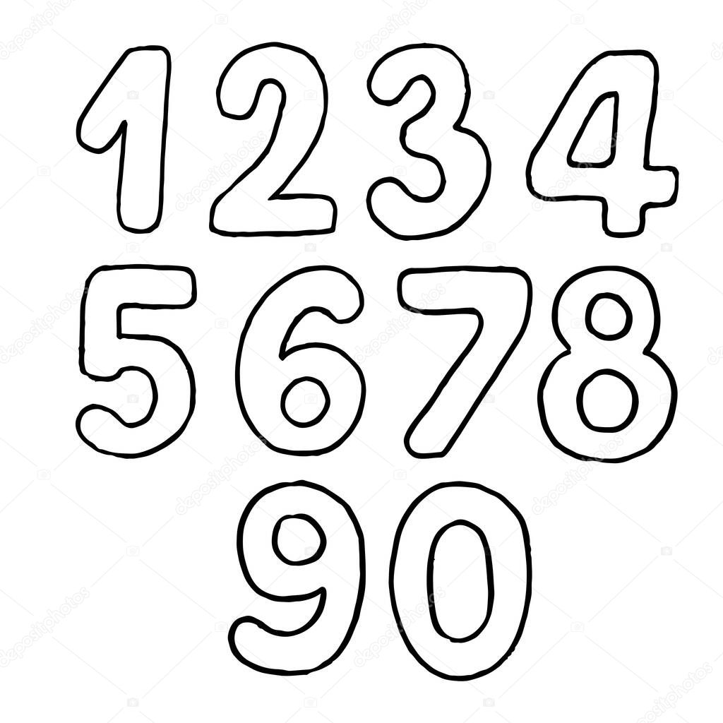 set of vector handdrawn numbers from zero to nine