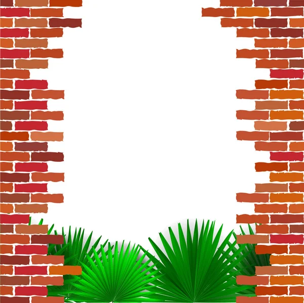 Buraco branco em uma parede de tijolo quebrado com folhas tropicais um fundo vetorial —  Vetores de Stock